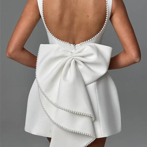 Load image into Gallery viewer, Pearl Bow Backless Sexy Mini Dress For Women Robe Fashion Zipper Sleeveless High Waist A-line Club Party Dress Elegant
