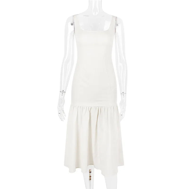 Backless Maxi Fishtail Dress For Women Gown Fashion Square Collar Sleeveless Loose Pleated Long Dress Elegant Dresses