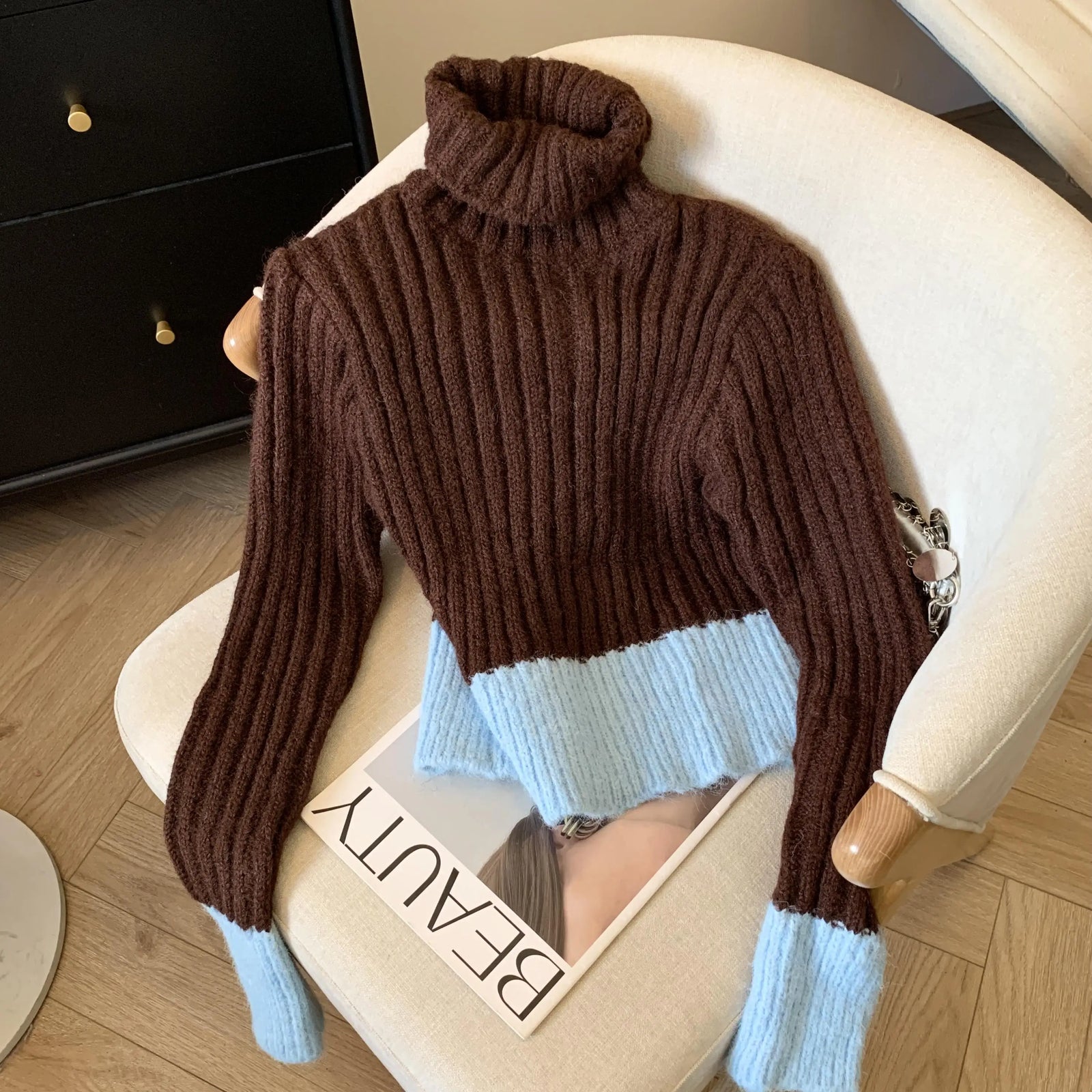 Korean Women Patchwork Pullover Sweater Autumn Winter Turtleneck Long Sleeve Slim Knitted Tops 2024 Ladies Casual Warm Clothing
