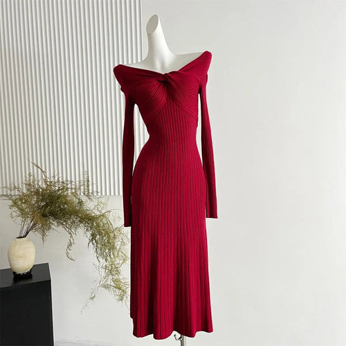 Load image into Gallery viewer, French Women's Autumn Winter White Elegant Slim Knitted Sweater Dress Khaki Red Long Sleeved Office Pleated Dress Fashion Simple
