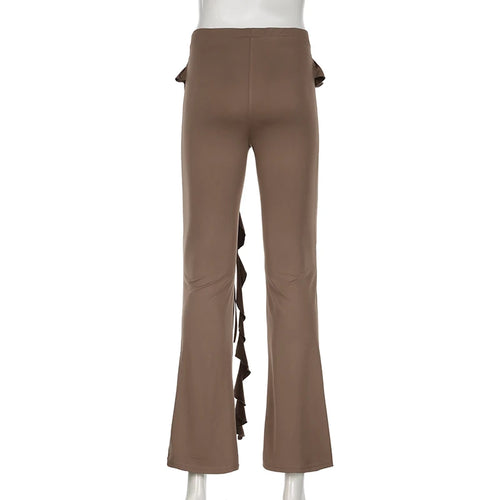 Load image into Gallery viewer, Streetwear Brown Skinny Ruffles Women Pants Solid Basic Harajuku Fringe Ruched Trousers Autumn Sweatpants Elastic New
