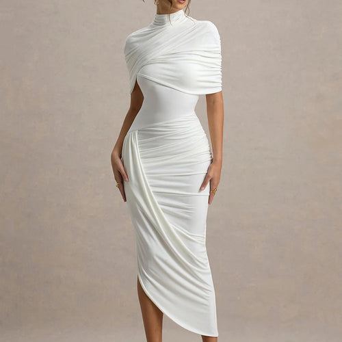 Load image into Gallery viewer, Half Sleeve Backless Ruched Sexy Maxi Dress Women Summer New Turtleneck Slim High Waist Evening Club Party Long Dress
