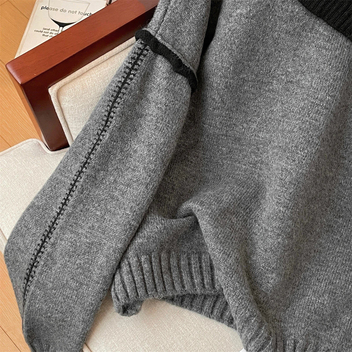 Korean Fashion Autumn Winter Grey Patchwork Elegant Long Sleeves Knit Sweater Women's Half Zipper Pullover Short Tops Streetwear