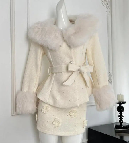 Autumn Winter Women Retro Beige Plush Neck Shawl Bandage Short Woolen Coat And Flower Decorate Mini Skirt 2024 New Two Piece Set