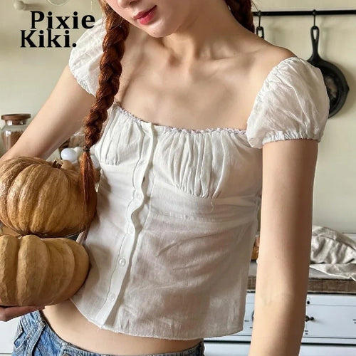 Load image into Gallery viewer, Square Neck Puff Sleeve Button Down Shirts Summer 2000s Clothes Y2k Women White Crop Top Coquette P33-BB10
