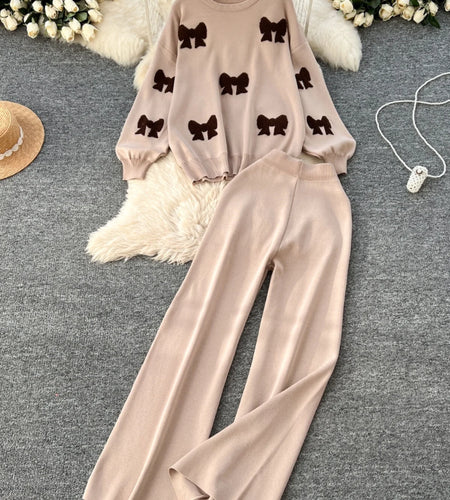 Autumn Winter Two Pieces Set Women Bow Embroidery Round Neck Knitted Sweater And High Waist Straight Wide Legs Pant Suit Popular