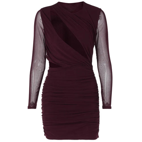 Load image into Gallery viewer, Elegant Hollow Out Sexy Mini Dress For Women Wine Red O Neck Sheer Long Sleeve Bodycon Club Party Sexy Dress Vestidos
