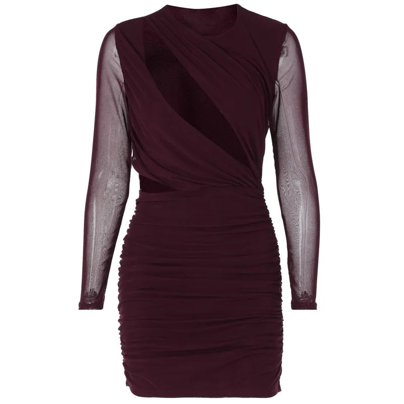 Elegant Hollow Out Sexy Mini Dress For Women Wine Red O Neck Sheer Long Sleeve Bodycon Club Party Sexy Dress Vestidos