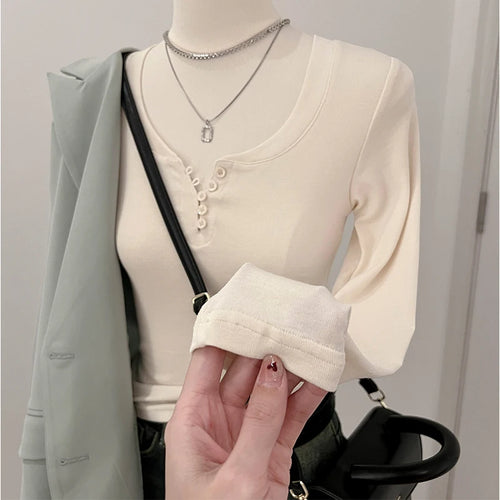 Load image into Gallery viewer, 2024 Autumn Women Gray Button Long Sleeve T Shirt Korean Style Casual Vintage Pink Slim O Neck Beige Pullover Tops Fashion Trend
