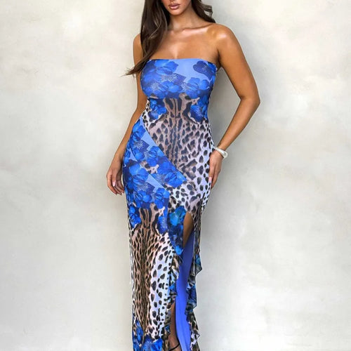 Load image into Gallery viewer, Sexy Strapless Ruffle Edge Slit Dress Women 2024 Summer New Strapless Printed Temperament Vestido Party Evening Dress
