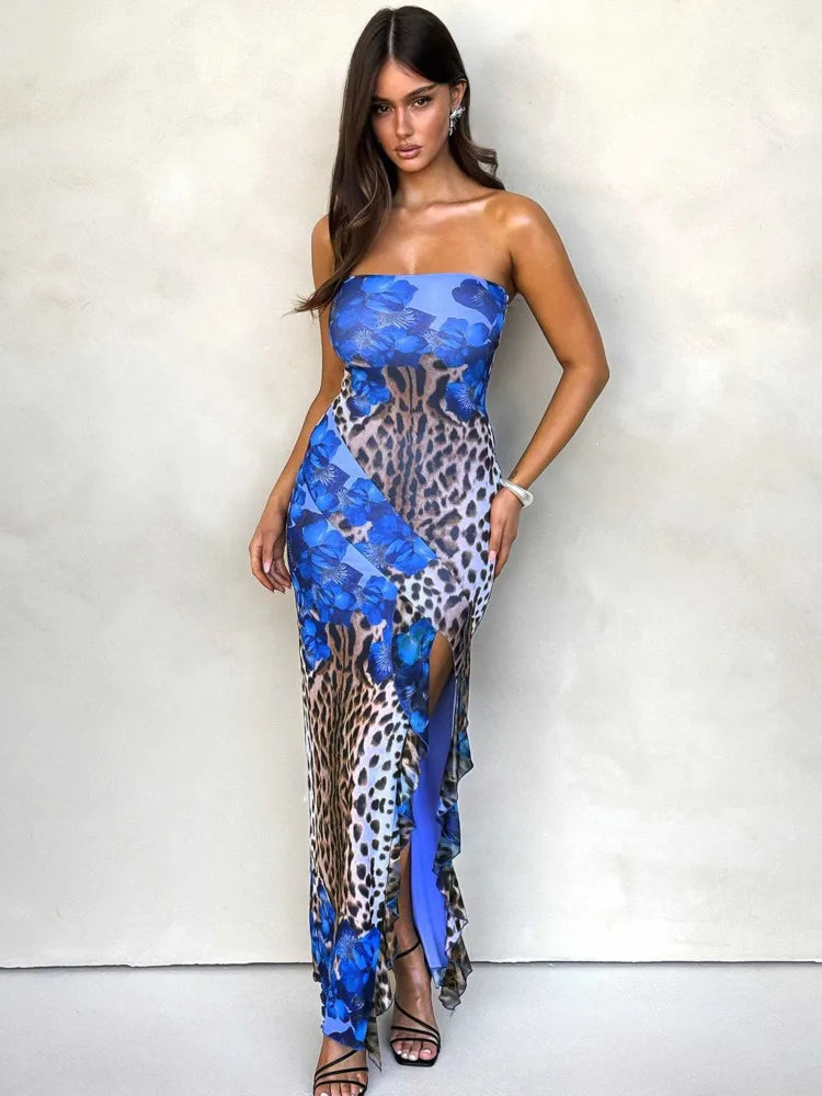 Sexy Strapless Ruffle Edge Slit Dress Women 2024 Summer New Strapless Printed Temperament Vestido Party Evening Dress