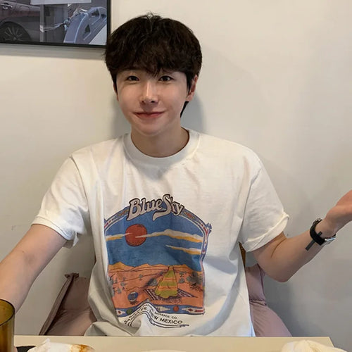 Load image into Gallery viewer, Men's T-shirts Niche Cartoon Printed Short Sleeved New Summer Loose Round Neck T-shirt Korean Pullover Style 9W1609
