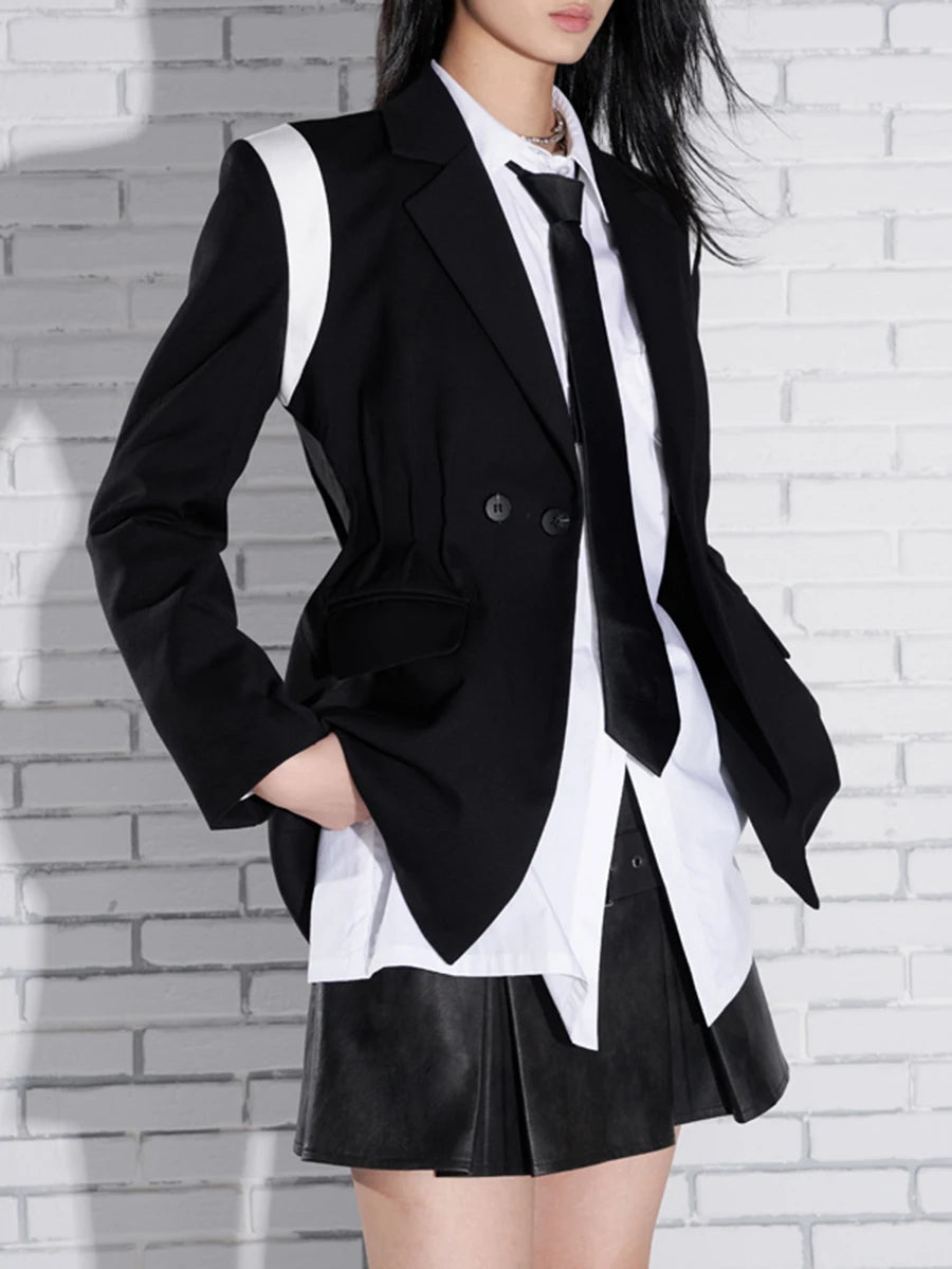 Hit Color Slimming Spliced Button Coats For Women Lapel Long Sleeve Temperament Jackets Female Fashion Clothes New
