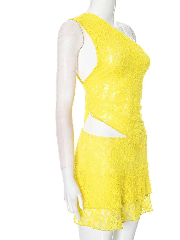 Sexy Slim Fit Women's  Two-piece Set Patchwork Irregular Lace Top And Fashion Short Skirt Two-piece Set Ladies Outfits