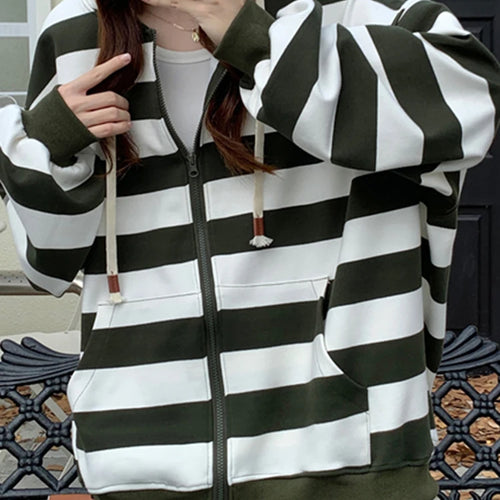 Load image into Gallery viewer, Korean Style Zipper Striped Female Hoodies Autumn Loose Casual Drawstring Streetwear Long Sleeve Women Sweatshirts
