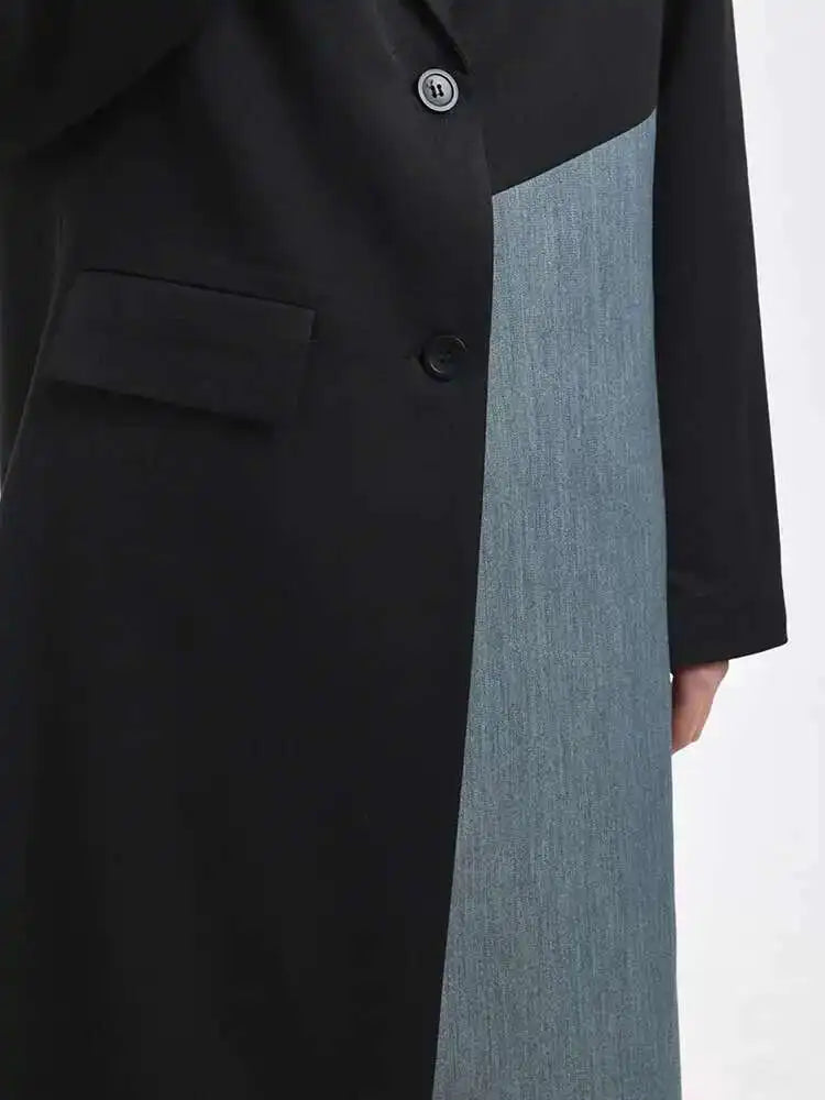 Women Black Denim Color-block Long Big Size Blazer New Lapel Long Sleeve Jacket Fashion Tide Spring Autumn 2025 26D810401