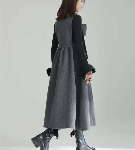Women Gray Bow Bandage Spliced Long Elegant Woolen Dress New Sleeveless Loose Fit Fashion Tide Autumn Winter 2025 1DF3527