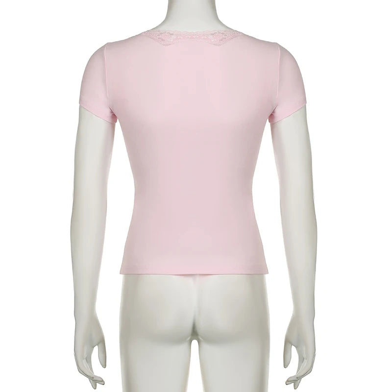 Sweet Pink Slim V Neck Summer T-shirt Women Coquette Clothes Fold Top Basic Korean Style Tee Shirts Short Sleeve Cute