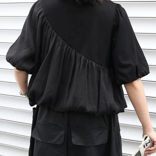 Load image into Gallery viewer, Women Black Irregular Pleated Big Size Casual T-shirt New Round Neck Short Sleeve Fashion Tide Spring Summer 2025 1DJ0558
