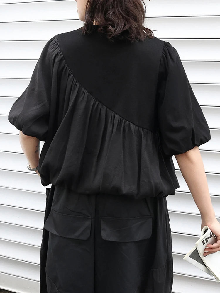 Women Black Irregular Pleated Big Size Casual T-shirt New Round Neck Short Sleeve Fashion Tide Spring Summer 2025 1DJ0558