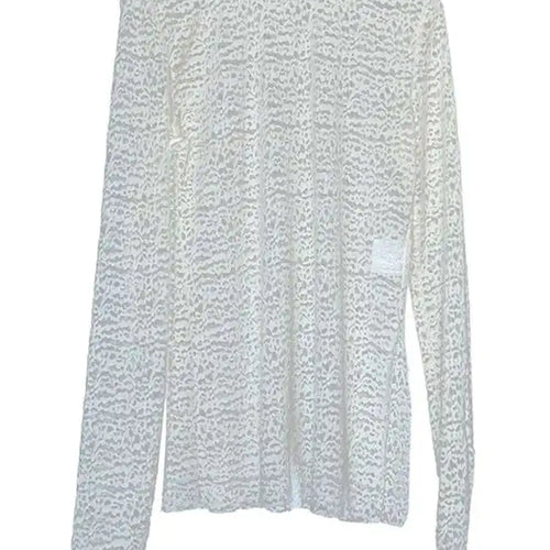 Load image into Gallery viewer, Women White Lace Perspective Side Slit Elegant T-shirt New Round Neck Long Sleeve Fashion Spring Autumn 2025 1DH9845
