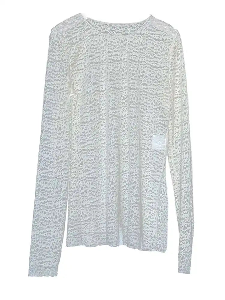 Women White Lace Perspective Side Slit Elegant T-shirt New Round Neck Long Sleeve Fashion Spring Autumn 2025 1DH9845