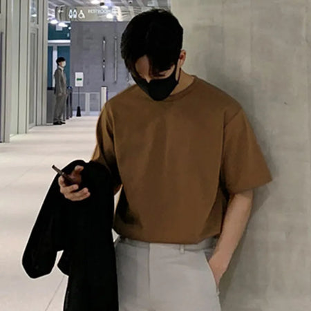 Summer Men's Casual T-shirts Round Neck Short Sleeve Male Tops Solid Color Pullover Clothing Fashion 9C6241
