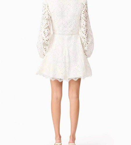 Hollow Out Spliced Lace Up Fashion Dresses for Women Lapel Long Sleeves Patchwork Single Breasted Dress Female New