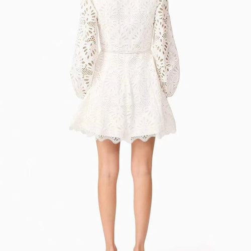 Load image into Gallery viewer, Hollow Out Spliced Lace Up Fashion Dresses for Women Lapel Long Sleeves Patchwork Single Breasted Dress Female New
