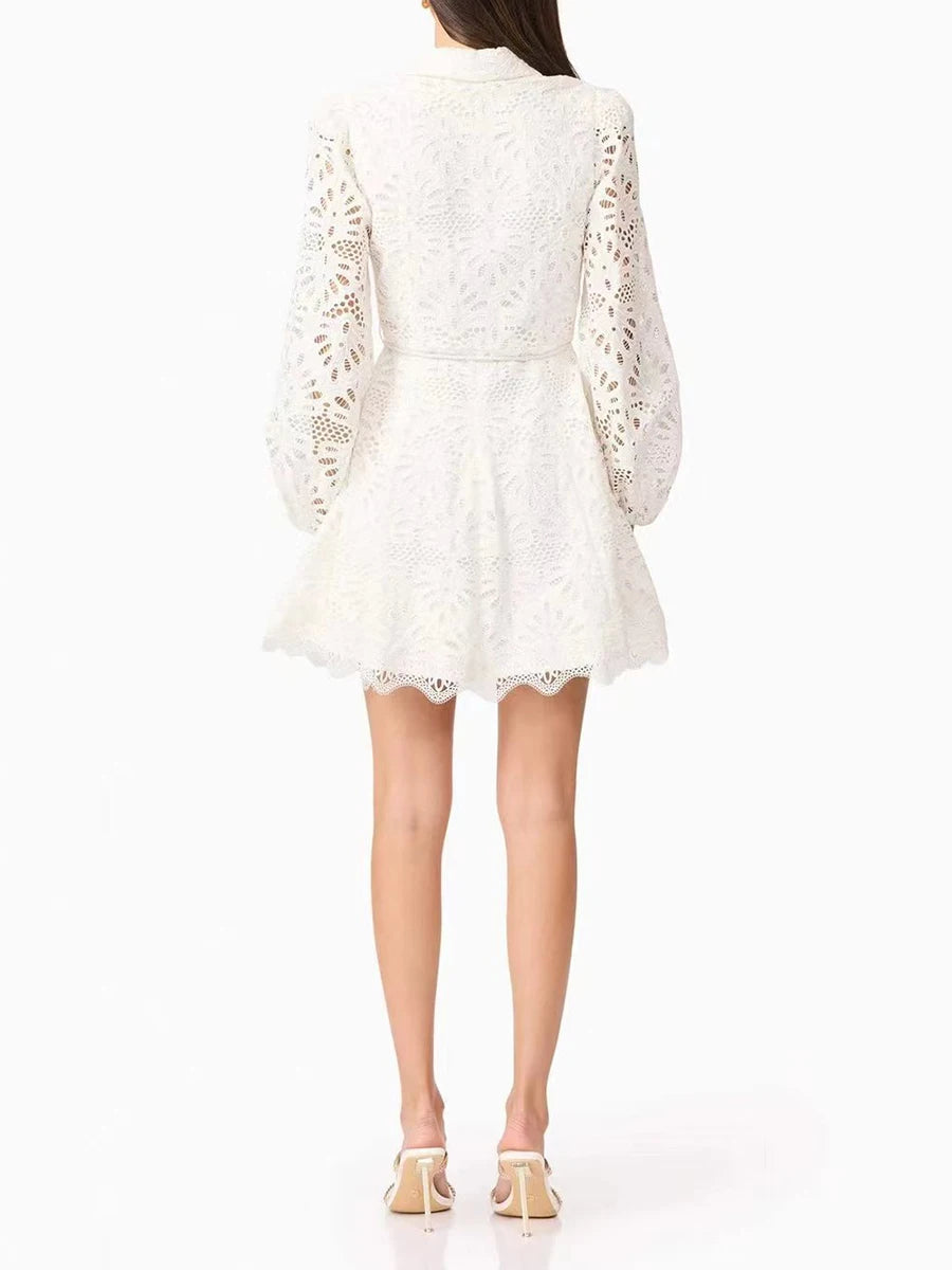 Hollow Out Spliced Lace Up Fashion Dresses for Women Lapel Long Sleeves Patchwork Single Breasted Dress Female New