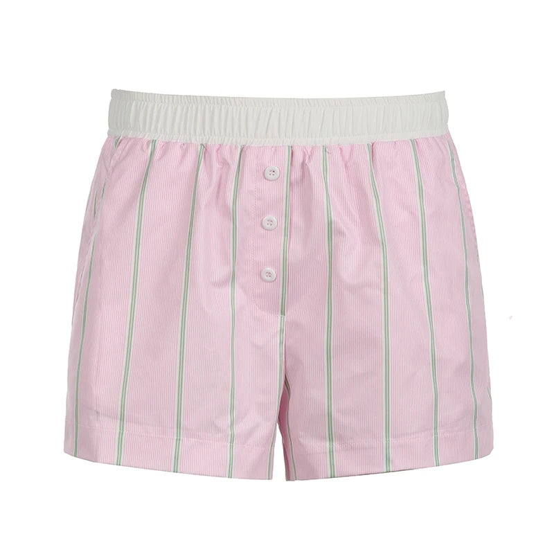 Casual Pink Stripe Basic Summer Shorts Women Buttons Homewear Elastic Waist Korean Fashion Hotpants Hottie Contrast