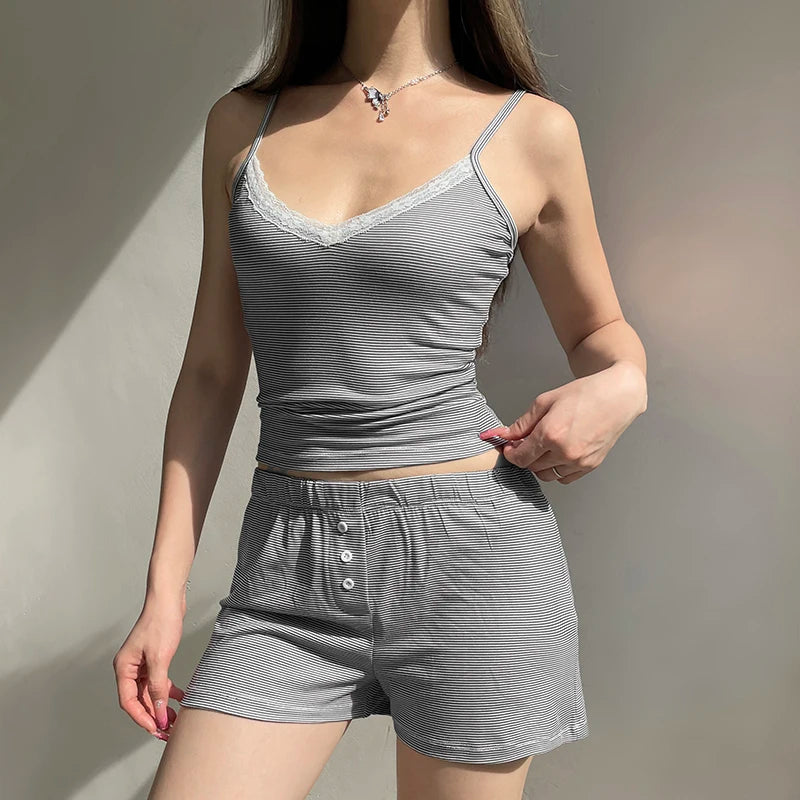 Casual Stripe Lace Trim Summer Two Pieces Set Female Homewear Buttons Camis Top+Shorts Slim Basic Matching Suits Y2K