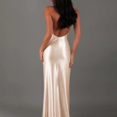 Load image into Gallery viewer, V-neck Sleeveless Neck-mounted Backless Ribbon Thigh Split Maxi Dress Women Elegant Sexy Evening Dress Ladies Outfits
