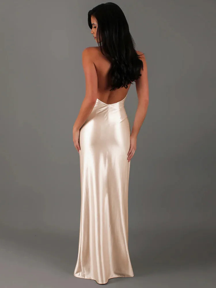 V-neck Sleeveless Neck-mounted Backless Ribbon Thigh Split Maxi Dress Women Elegant Sexy Evening Dress Ladies Outfits