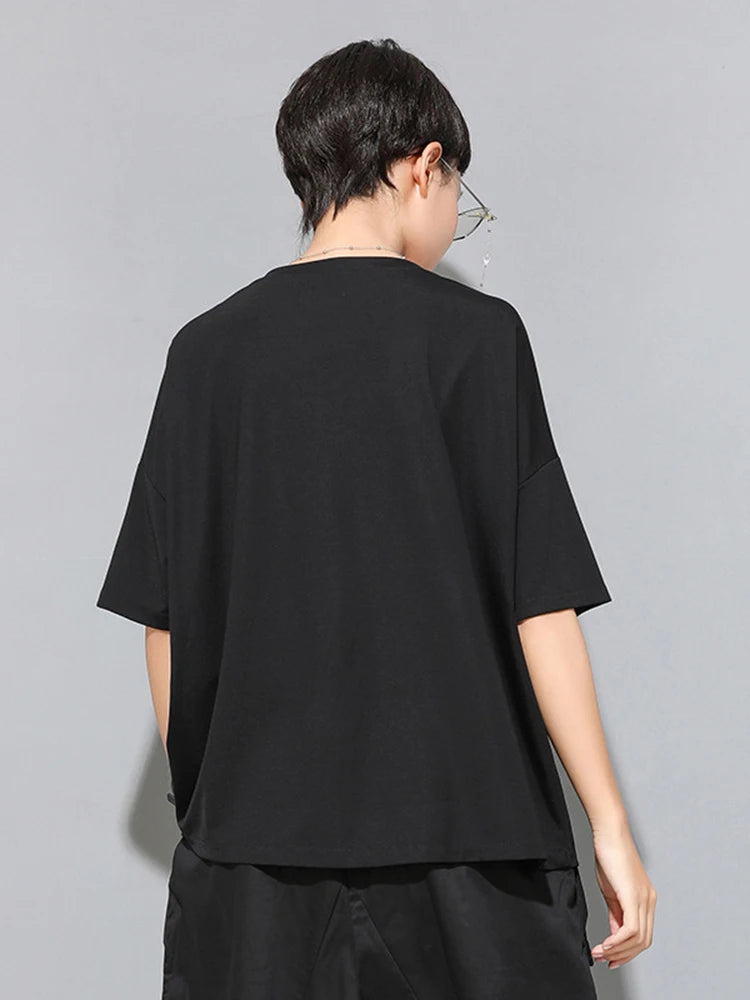Women Black Contrast Color Split Big Size T-shirt New Round Neck Half Sleeve  Fashion Tide  Spring Summer 2025 1U136