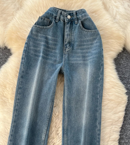 Spring Korean Fashion Vintage Blue Patchwork High Waist Straight Denim Pant Women Loose Wide Leg Jeans Ankle-length Trousers Y2k