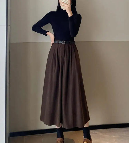 Vintage Corduroy Brown Casual Pocket A-line Pleated Long Skirt Autumn High Waist Black Elegant Umbrella Skirt Korean Holiday New