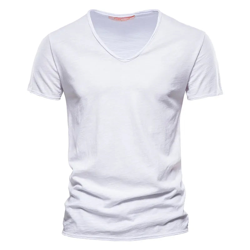 Brand Quality 100% Cotton Men T-shirt V-neck Fashion Design Slim Fit Soild T-shirts Male Tops Tees Short Sleeve T Shirt For Men v1