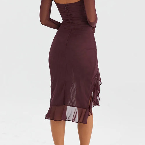 Load image into Gallery viewer, Elegant Ruffle Ruched Midi Dress For Women Robe Sheer Long Sleeve Backless Irregular Club Party Sexy Dress Vestido
