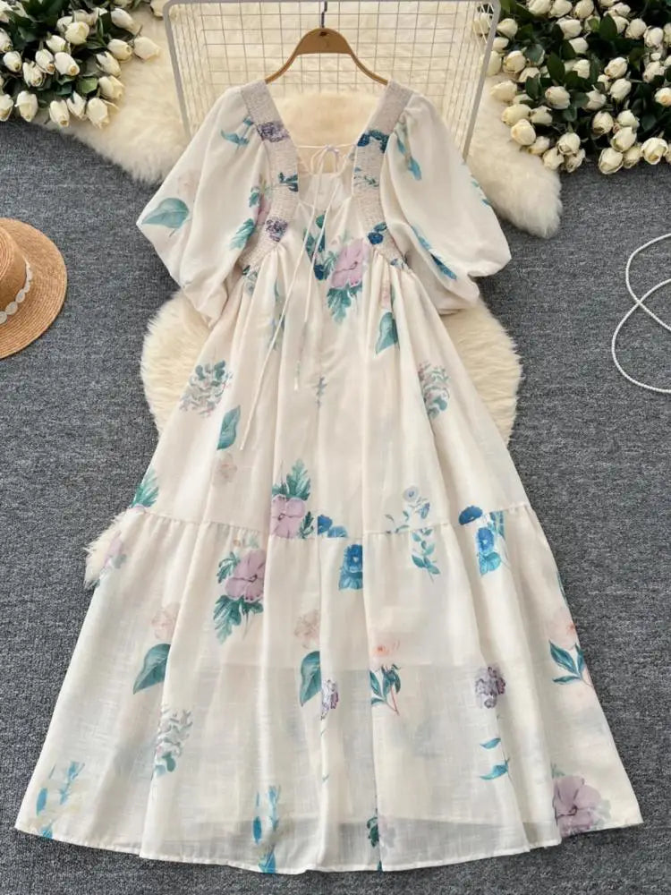 French Women Vintage Sweet Beige Printed Backless Party Long Dress Summer New Square Neck Short Sleeves Pleated Dress Bohemian