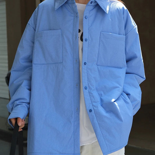 Load image into Gallery viewer, Women Blue Plaid Cotton-padded Big Size Warm Blouse New Lapel Long Sleeve Shirt Fashion Tide Autumn Winter 2025 1DH7214
