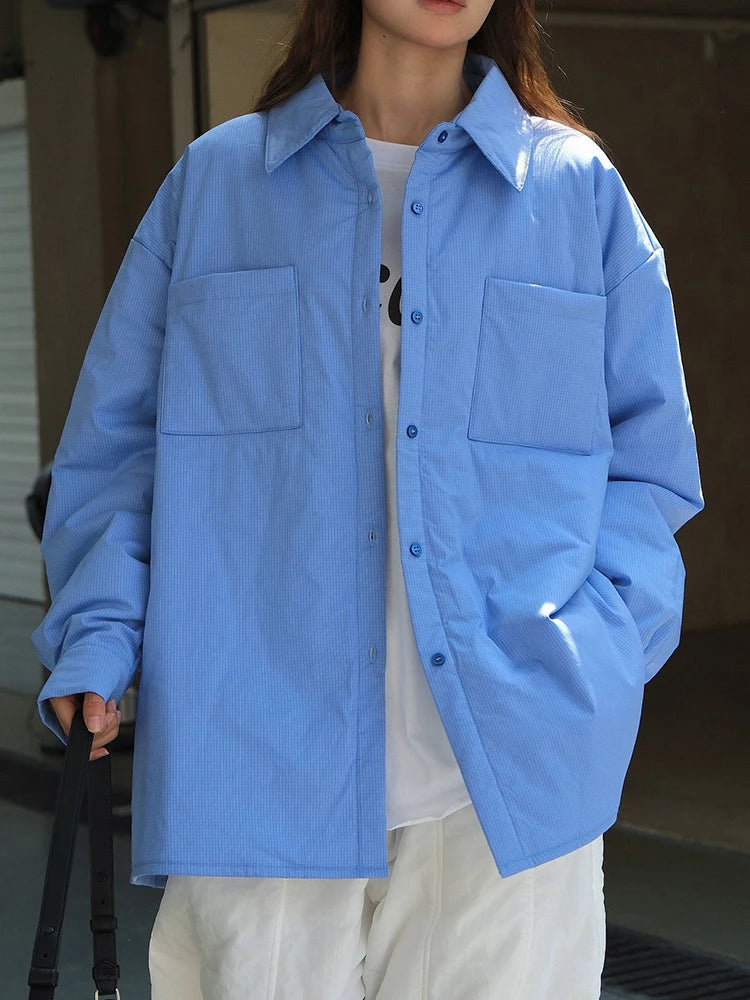 Women Blue Plaid Cotton-padded Big Size Warm Blouse New Lapel Long Sleeve Shirt Fashion Tide Autumn Winter 2025 1DH7214