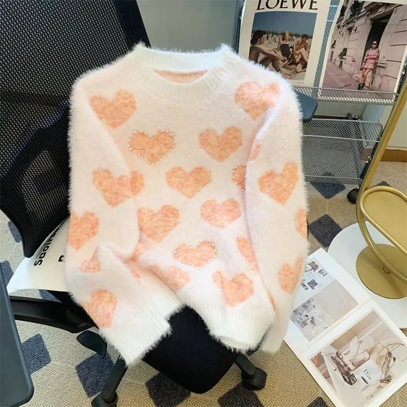 French Retro Heart Shaped Pearl Imitation Mink Sweaters Women Round Neck Warm Long Sleeves Knit Pullover Tops Autumn Winter Chic