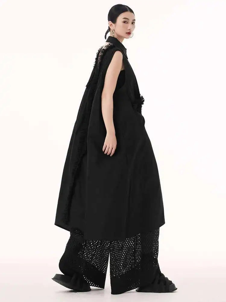 Women White Mesh Color-block Backless Big Size Shirt Dress New Lapel Sleeveless Fashion Tide Spring Summer 2025 1DH9518