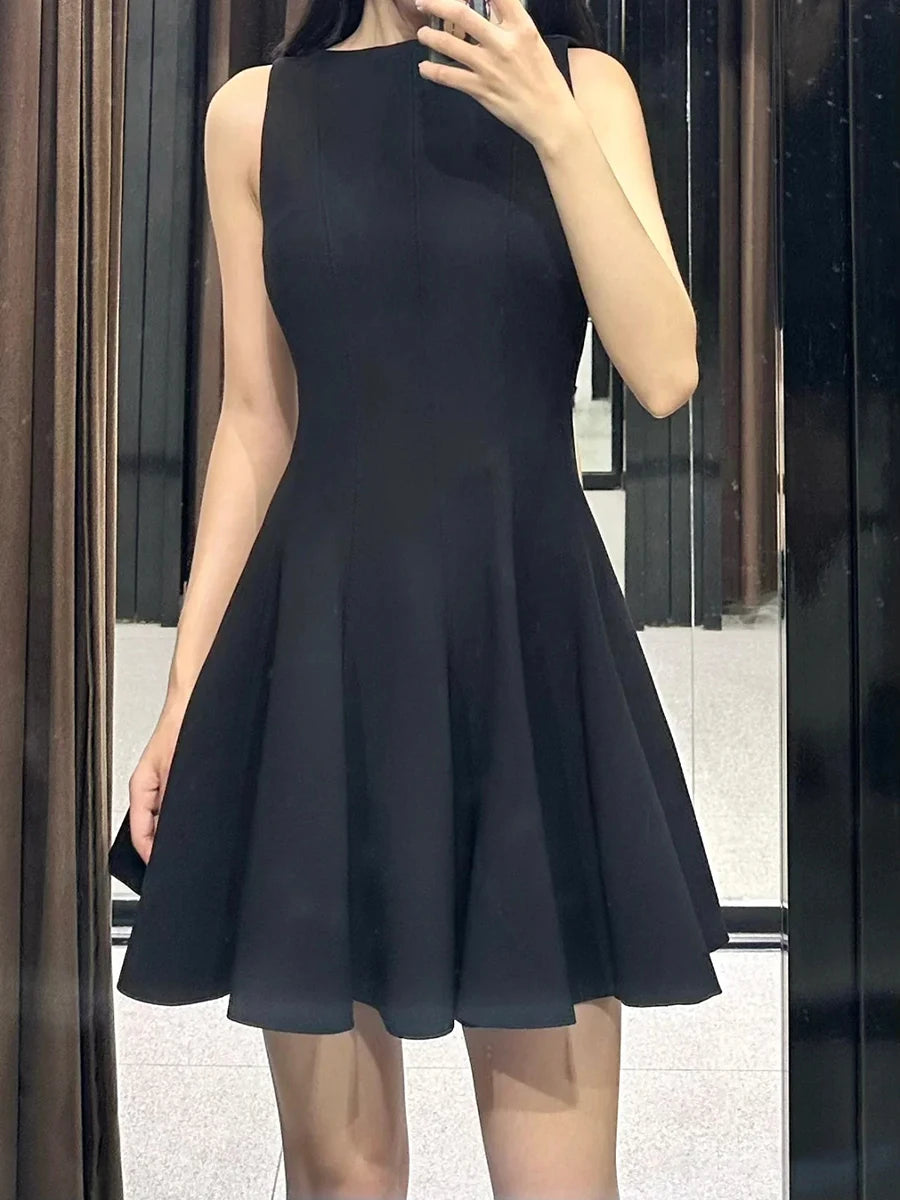 Solid Slimming Elegant Mini Dresses For Women O Neck Long Sleeve High Waist Minimalist Temperament Dress Female New