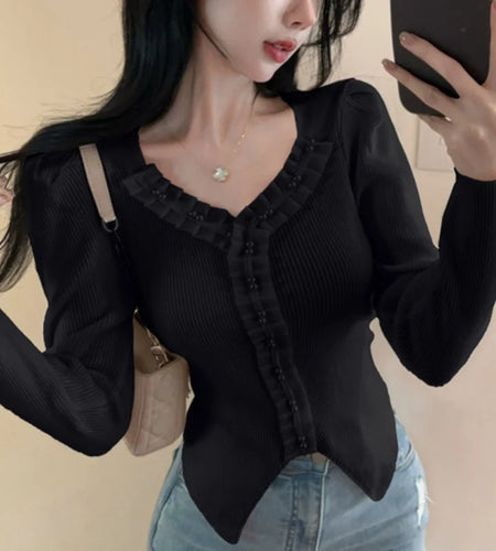 y2k Tops Women Coquette Clothing Solid Color V Neck Long Sleeve Knitted T Shirts 2000s Fairycore Clothes Streetwear