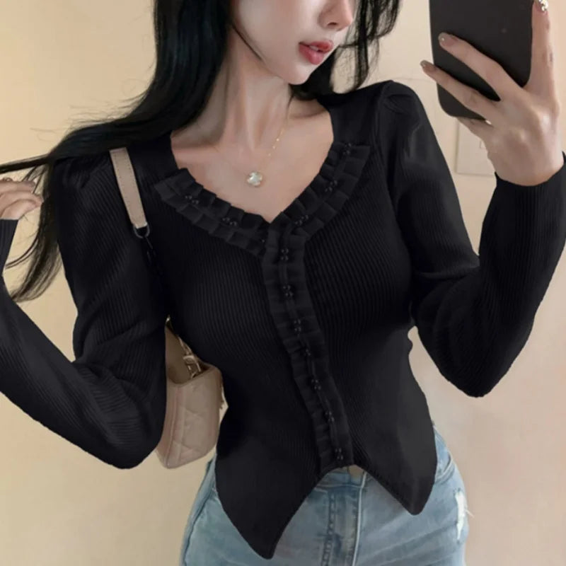 y2k Tops Women Coquette Clothing Solid Color V Neck Long Sleeve Knitted T Shirts 2000s Fairycore Clothes Streetwear