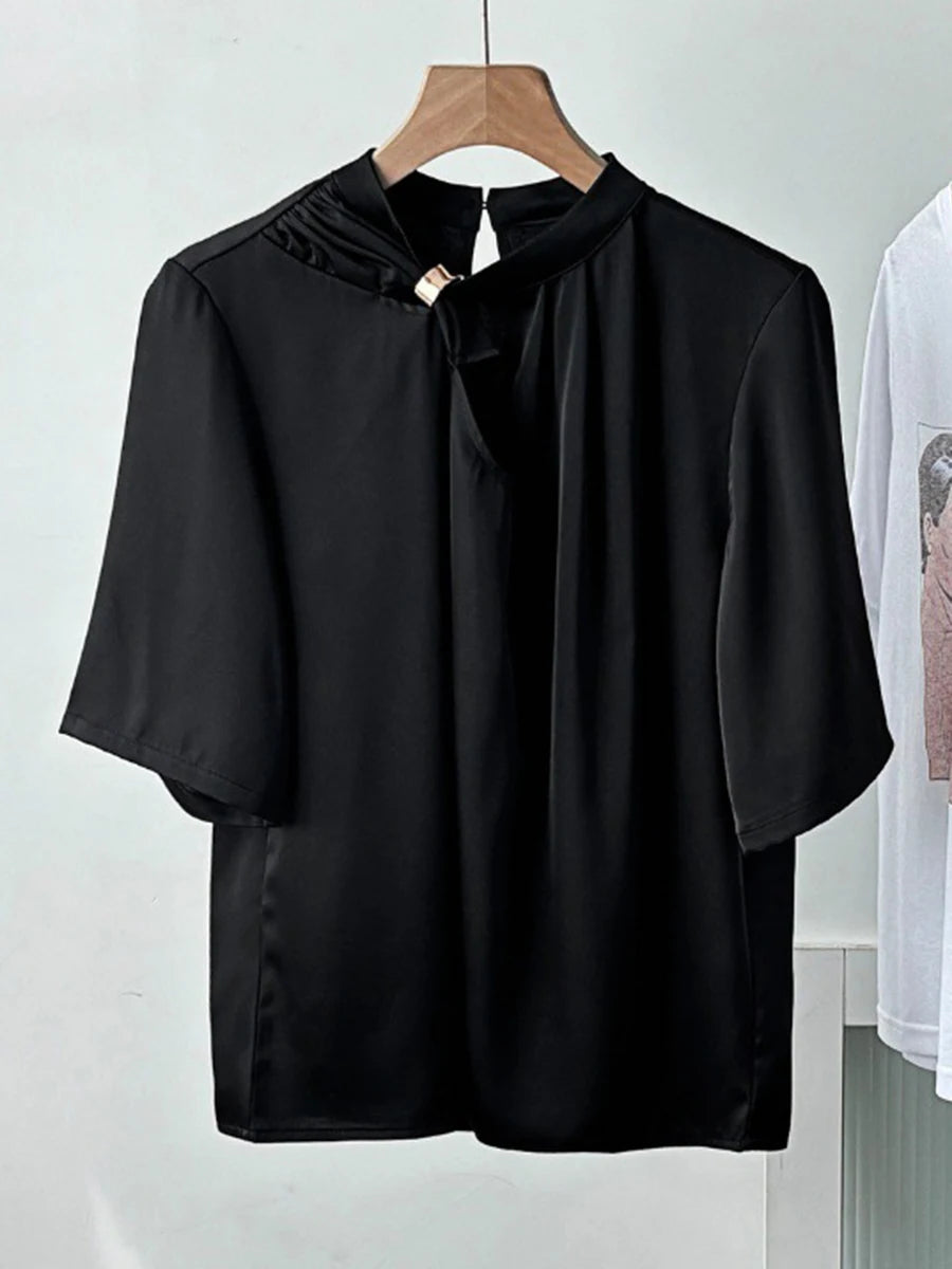 Solid Loose Spliced Folds Casual T Shirts for Women O Neck Half Sleeves Hollow Out Minimalist T Shirt Female New