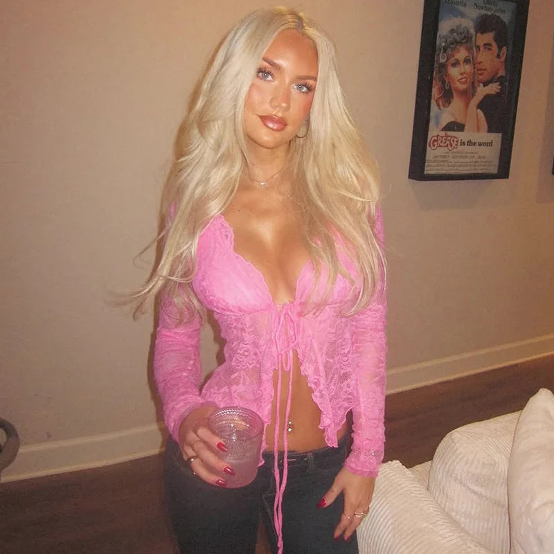 Sexy Lace V-neck See Through Lace-up Long Sleeve Cardigan Crop Top For Women Fashion Hollow Out Slim Club Party Tops