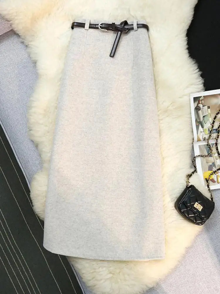 Autumn Winter New Beige Purple Elegant Woolen Skirt Female Black Elastic High Waist Party Wrap Hip Mid-length Skirt Vintage Chic
